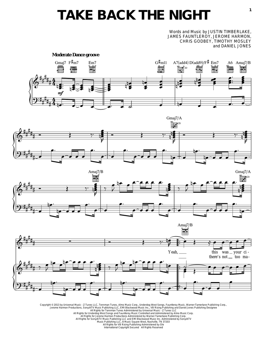 Take Back The Night Piano, Vocal, Guitar scores gallery preview page 1