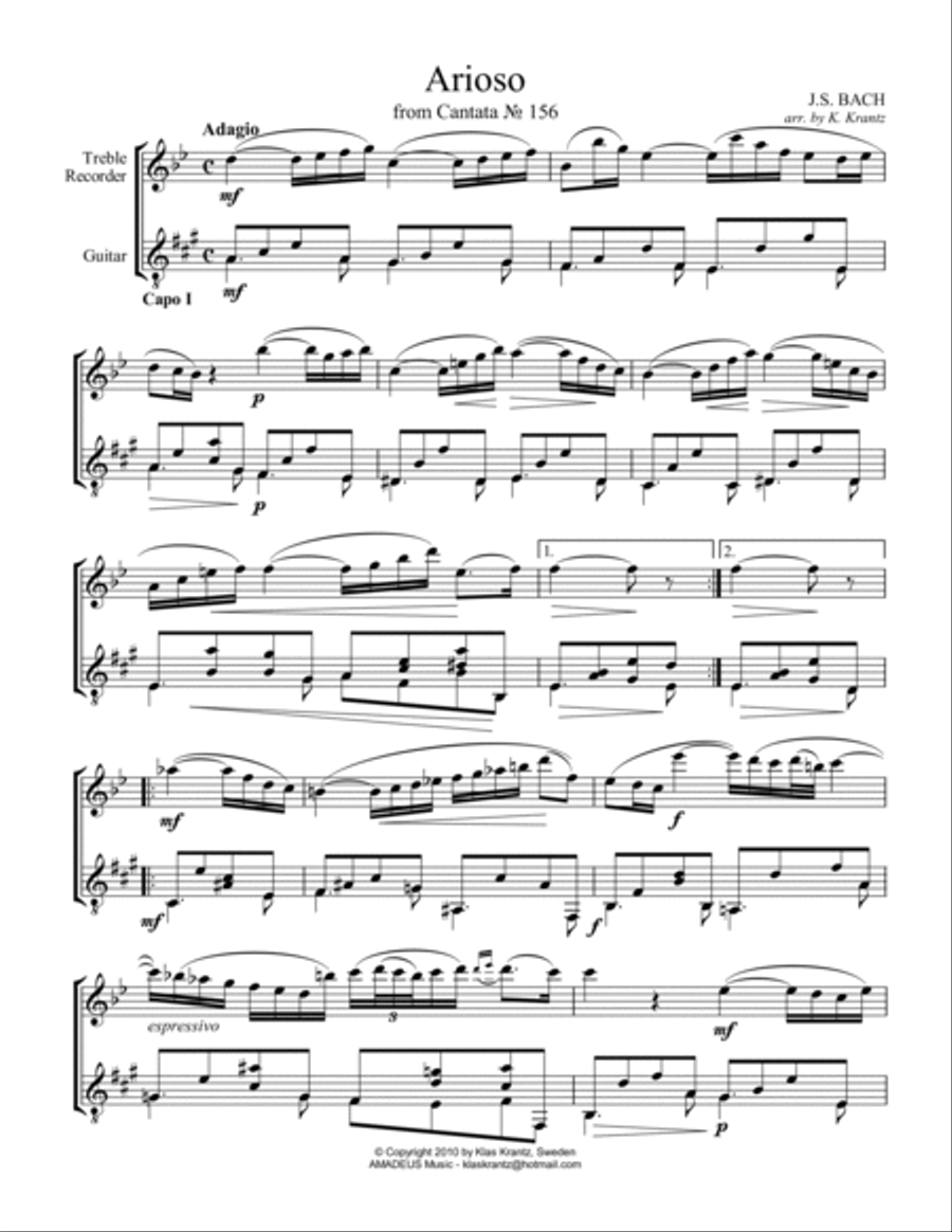 Arioso (Largo) from Cantata 156 for esay treble recorder and guitar Alto Recorder scores gallery preview page 2