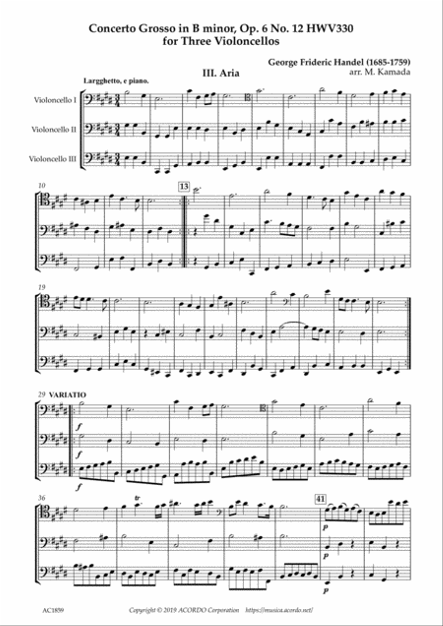 Aria from Concerto Grosso, Op.6-12 HWV330 for Three Violoncellos Cello Solo scores gallery preview page 1