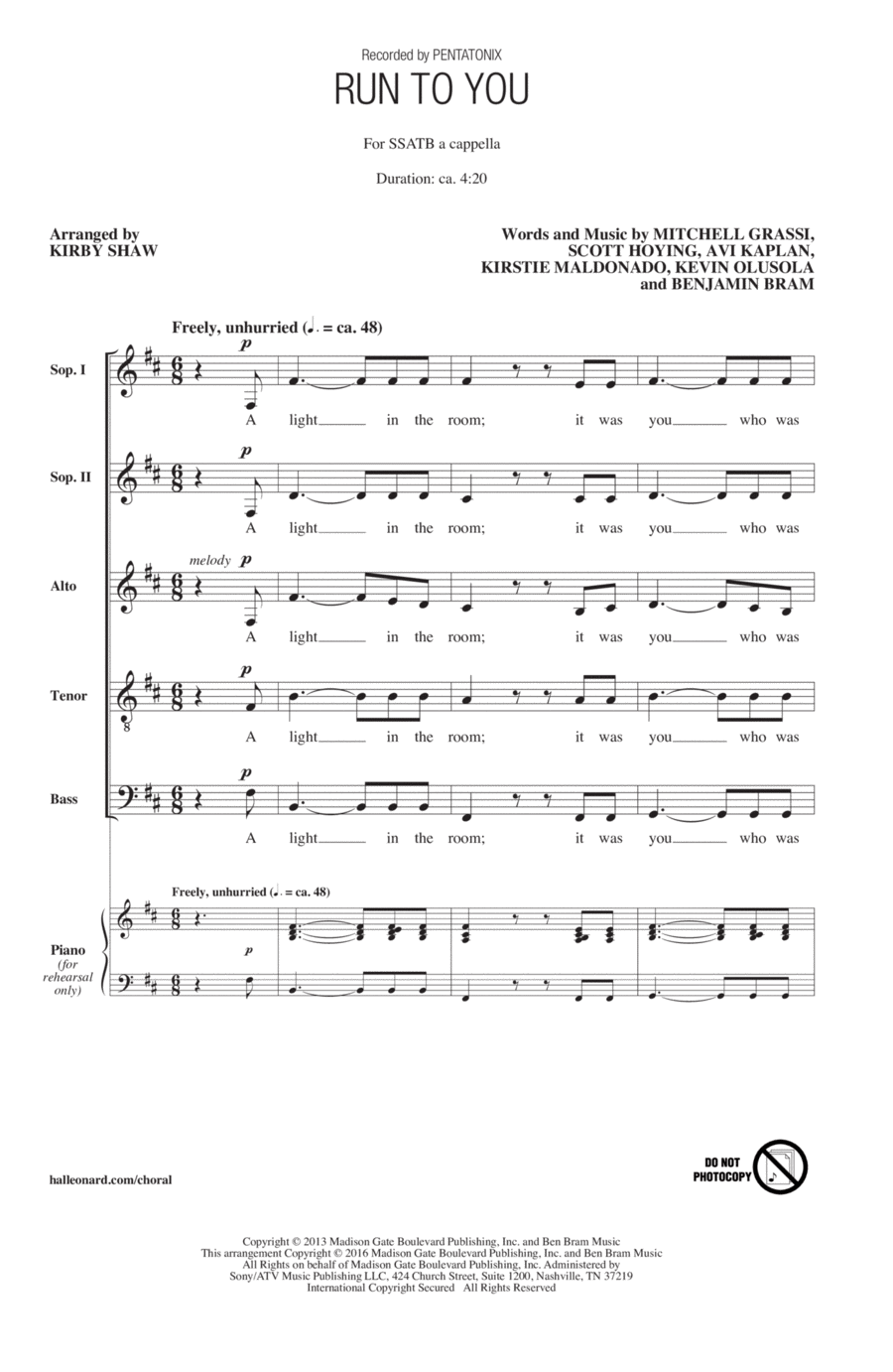 Run To You Run To You 4-Part scores gallery preview page 1