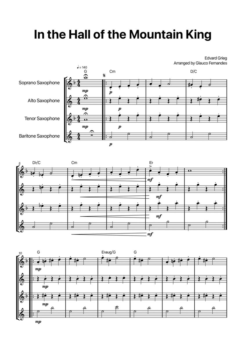 In the Hall of the Mountain King - Saxophone Quartet with Chord Notations image number null