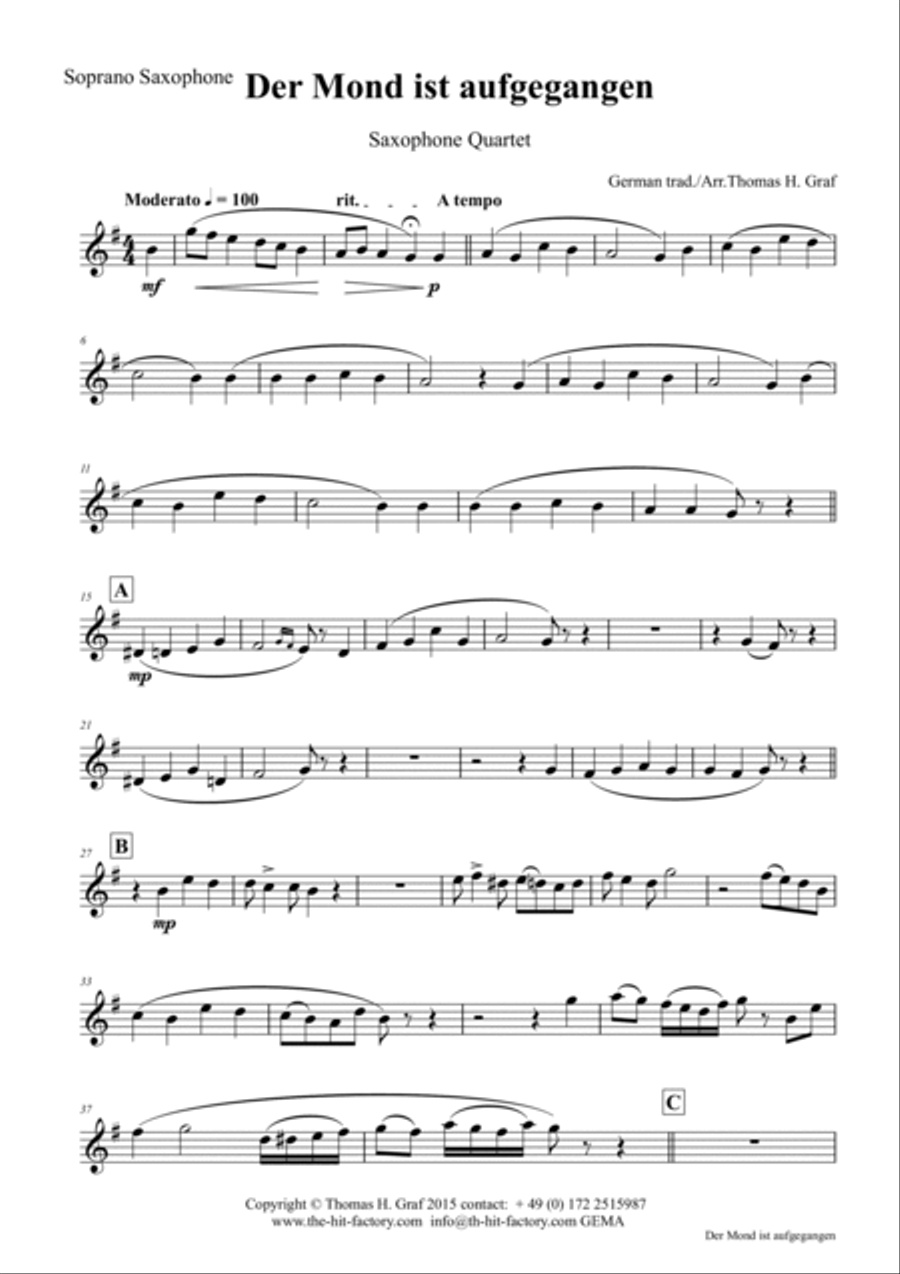 Der Mond ist aufgegangen - German Folk Song - Saxophone Quartet Saxophone Quartet scores gallery preview page 6