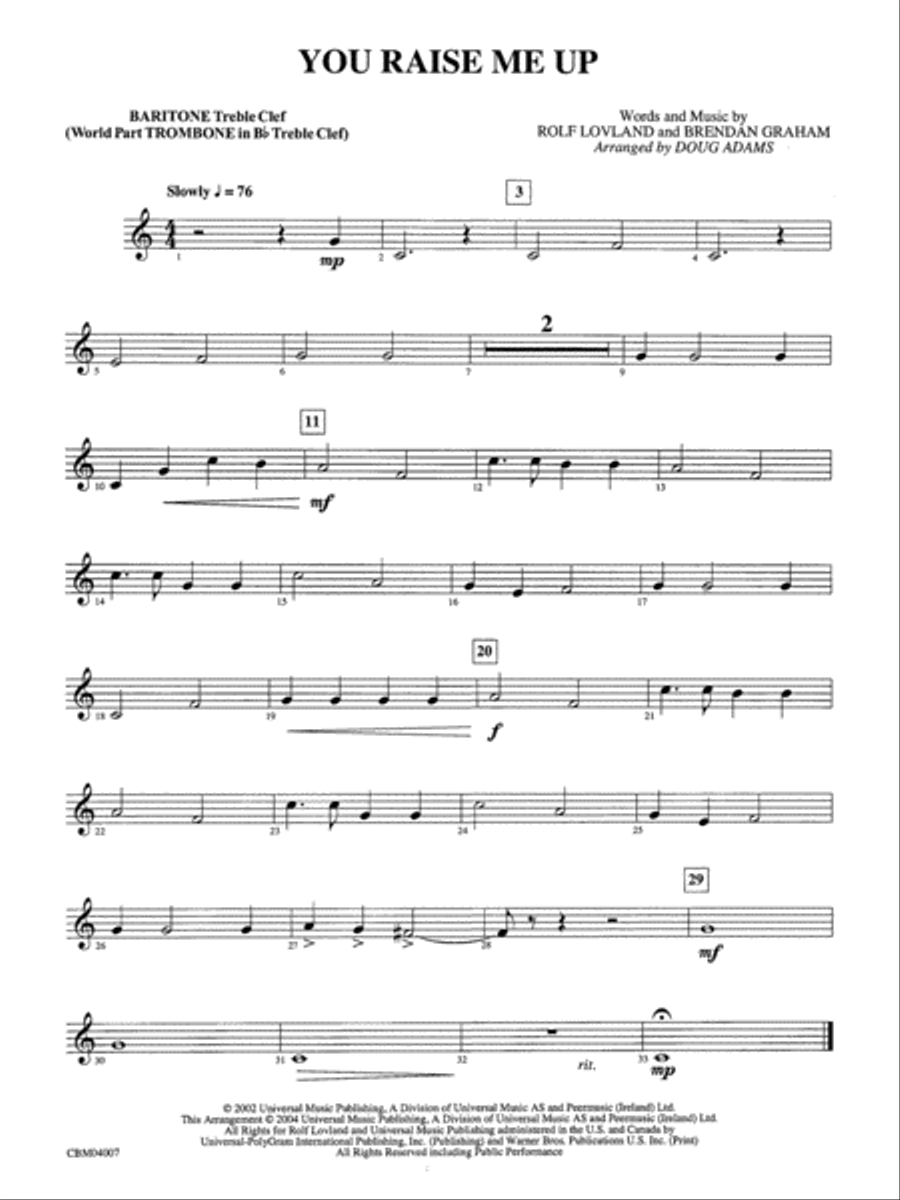 You Raise Me Up: Baritone T.C. Concert Band scores gallery preview page 1