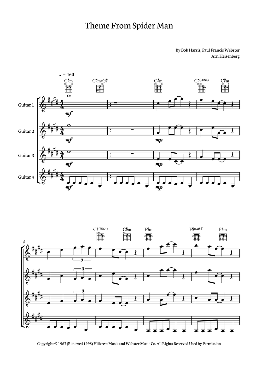 Theme From Spider Man Guitar Ensemble scores gallery preview page 1