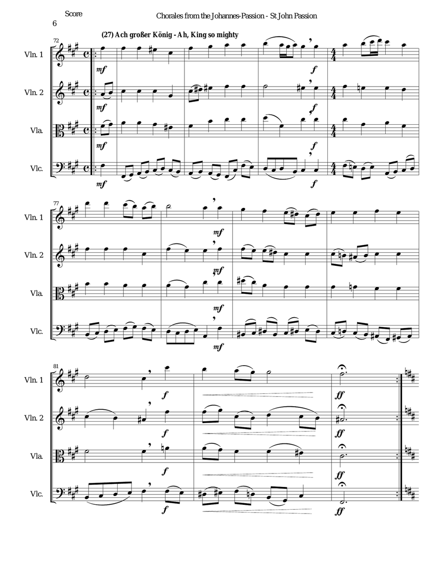 Chorales from the Johannes-Passion (St John Passion) for string quartet String Quartet scores gallery preview page 6