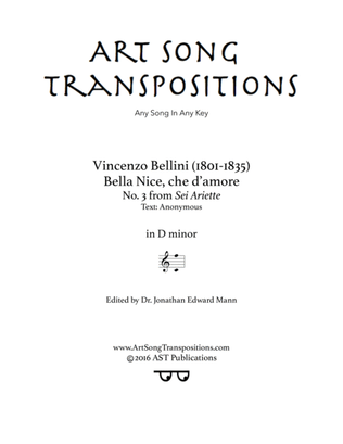 Book cover for BELLINI: Bella Nice, che d'amore (transposed to D minor)