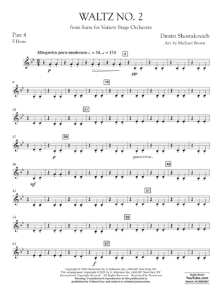 Book cover for Waltz No. 2 (from Suite for Variety Stage Orchestra) (arr. Brown) - Pt.4 - F Horn
