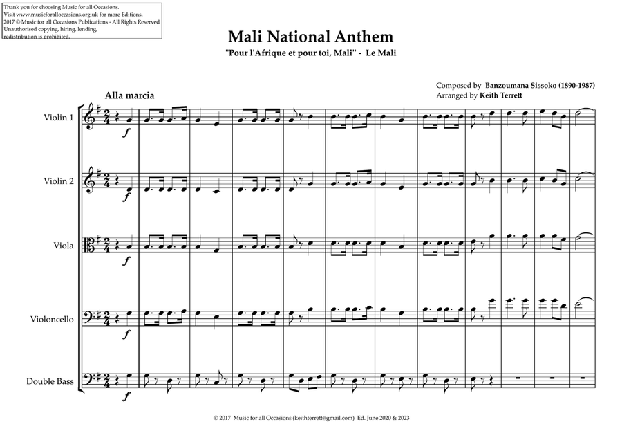 Mali National Anthem for String Orchestra (World National Anthem Series) String Quartet scores gallery preview page 2