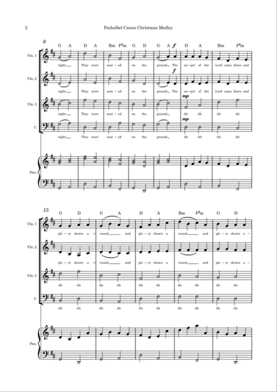 Pachelbel Canon with optional Christmas Medley lyrics strings quartet and piano Piano Quartet scores gallery preview page 2