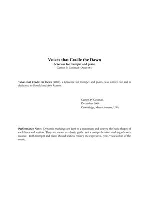 Book cover for Carson Cooman : Voices that Cradle the Dawn (2009), a berceuse for trumpet and piano