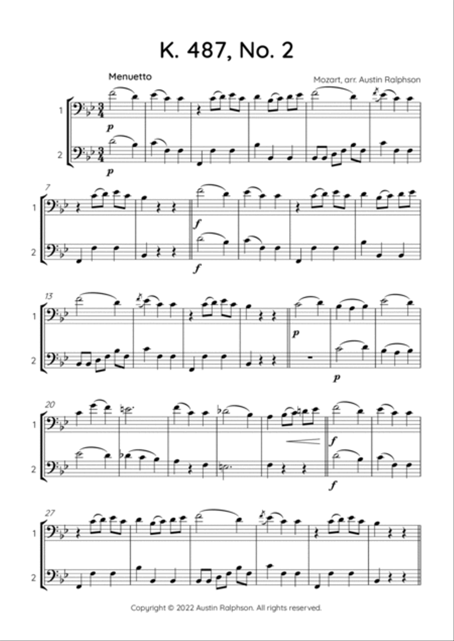 Mozart K. 487 No. 2 - trombone duet / euphonium duet Trombone Duet scores gallery preview page 3
