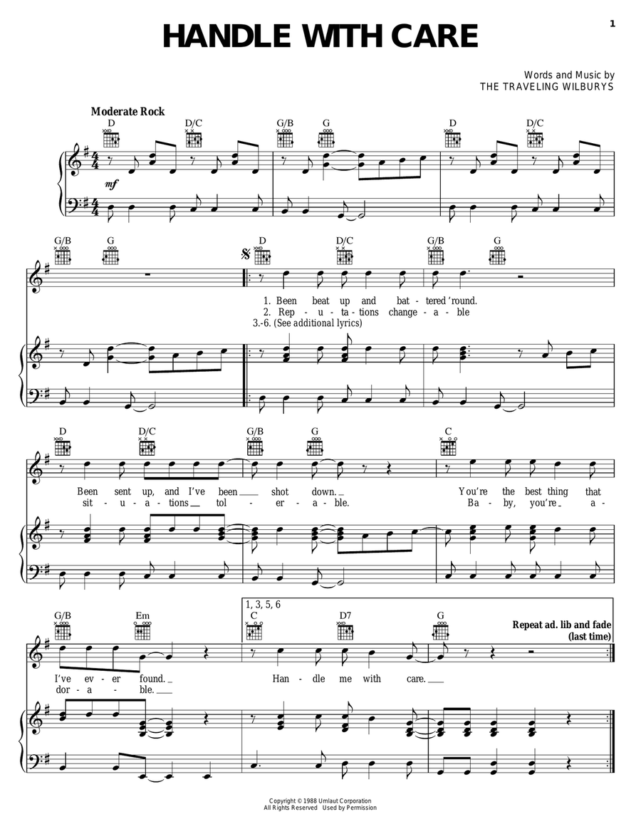 Handle With Care Piano, Vocal, Guitar scores gallery preview page 1