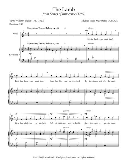 The Lamb (William Blake) — high voice (soprano / tenor), keyboard accompaniment image number null