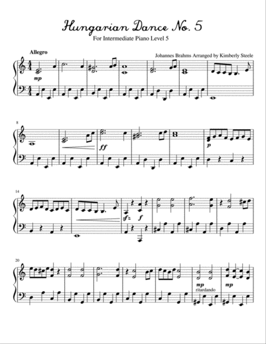 Hungarian Dance Number 5 by Brahms for Intermediate Piano Level 5 Piano Solo scores gallery preview page 1