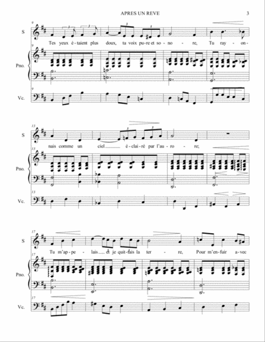 APRES UN REVE - Faure - Arr. for Alto (or Baritone), Piano (and Cello ad libitum) Small Ensemble scores gallery preview page 3