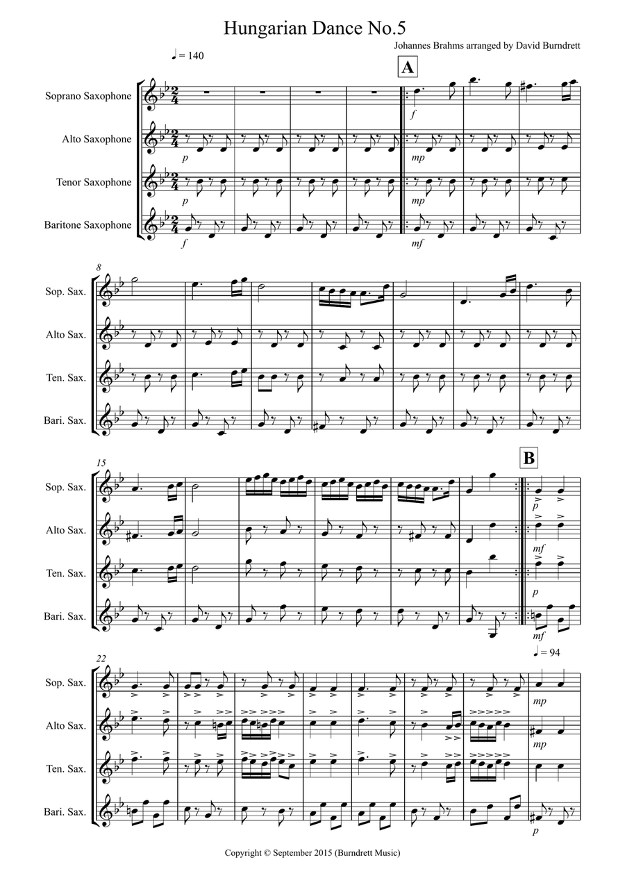 Hungarian Dance No.5 for Saxophone Quartet Saxophone Quartet scores gallery preview page 1