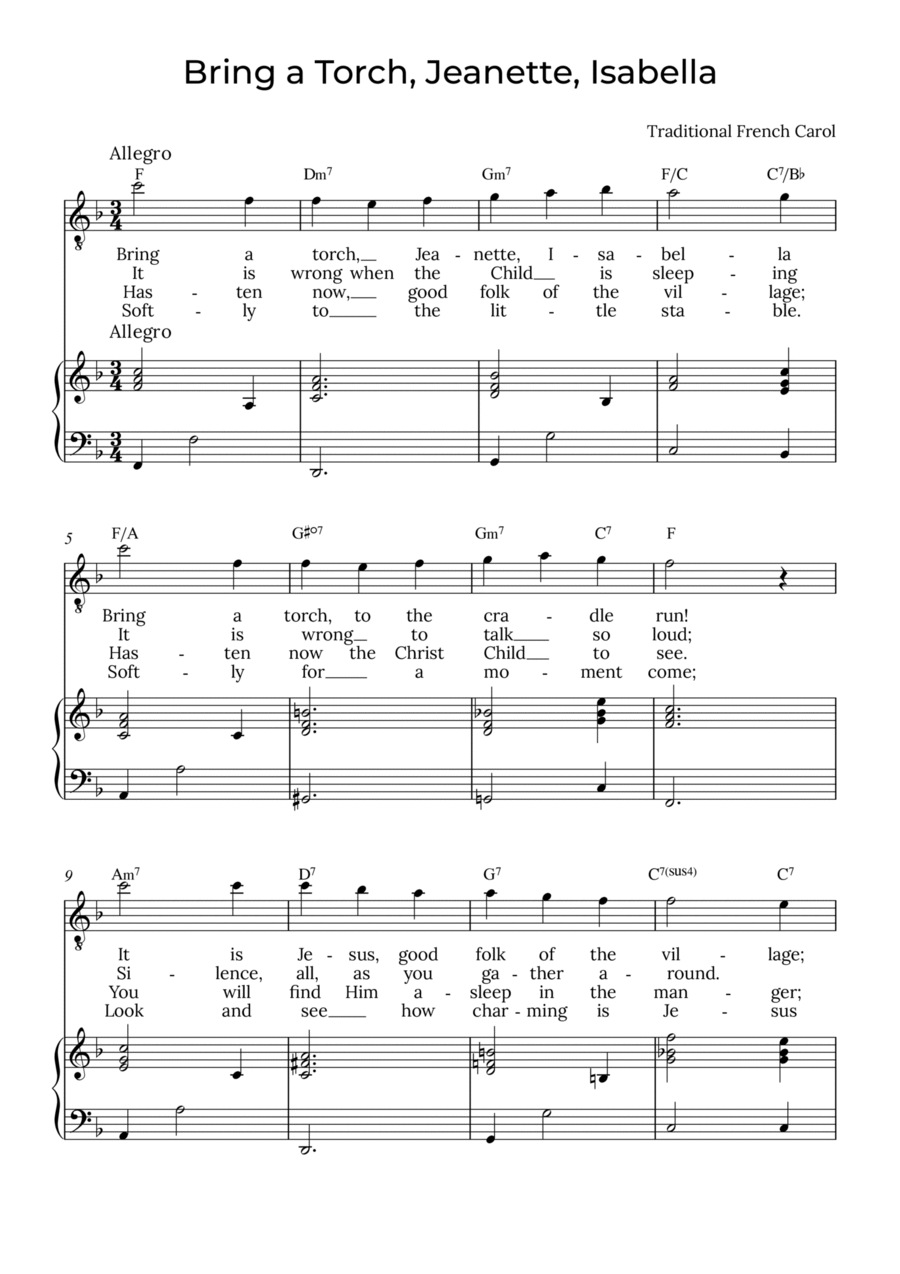 Bring a Torch, Isabella - Baritone with chords in F, Jeanette Voice Solo scores gallery preview page 1