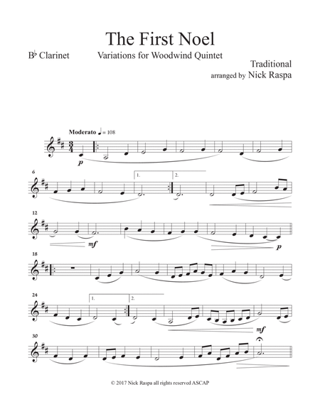 The First Noel (Variations for WW Quintet fl, ca, cl, hrn in F, bin) B Flat Clarinet part
