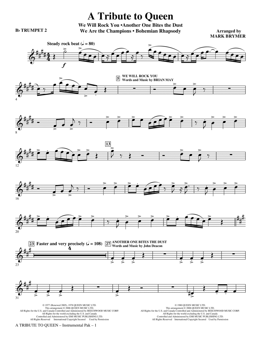 A Tribute To Queen (Medley) (arr. Mark Brymer) - Bb Trumpet 2 Choir scores gallery preview page 1