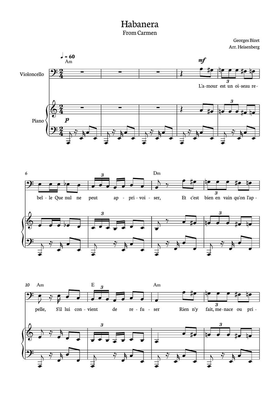 Habanera from Carmen for Cello with piano and chords. Piano Accompaniment scores gallery preview page 1