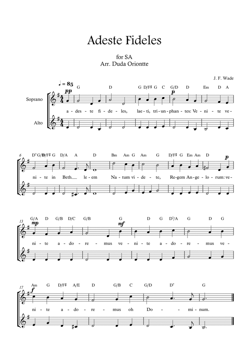 Adeste Fideles (SA - G major - 2 staffs - no piano - with chords) O Come All Ye Faiful image number null