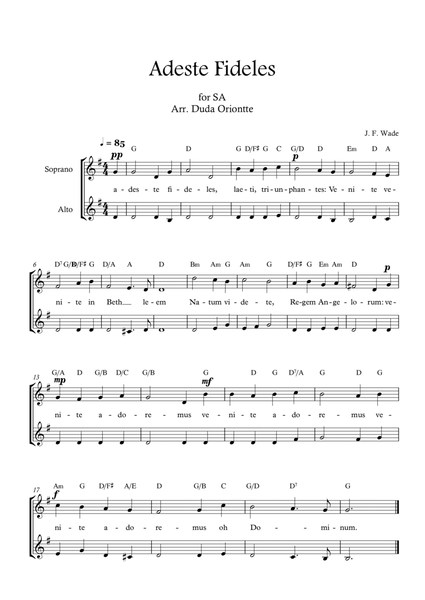 Adeste Fideles (SA - G major - 2 staffs - no piano - with chords) O Come All Ye Faiful image number null
