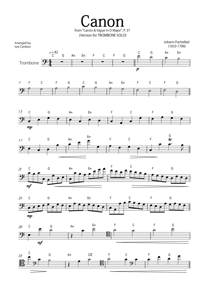 "Canon" by Pachelbel - Version for TROMBONE SOLO. image number null
