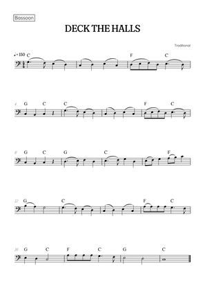 Deck the Halls for bassoon • easy Christmas song sheet music with chords