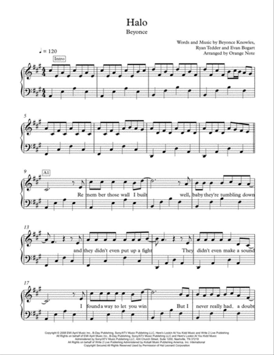 Halo Piano Solo scores gallery preview page 1