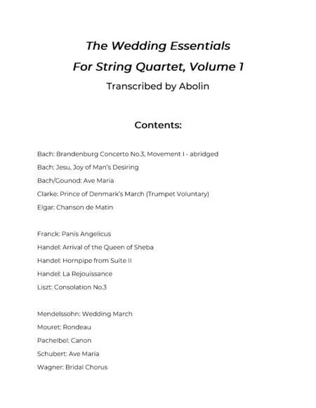 The Wedding Essentials for String Quartet, Volume 1 - Collection of 15 Pieces - Scores - Score Only