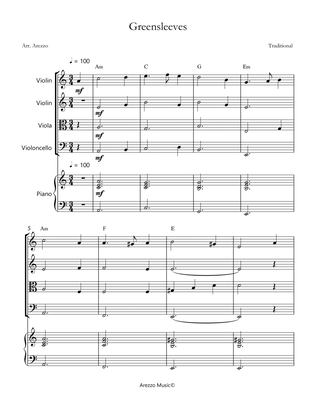 greensleeves for string quartet with chords symbols and piano sheet music