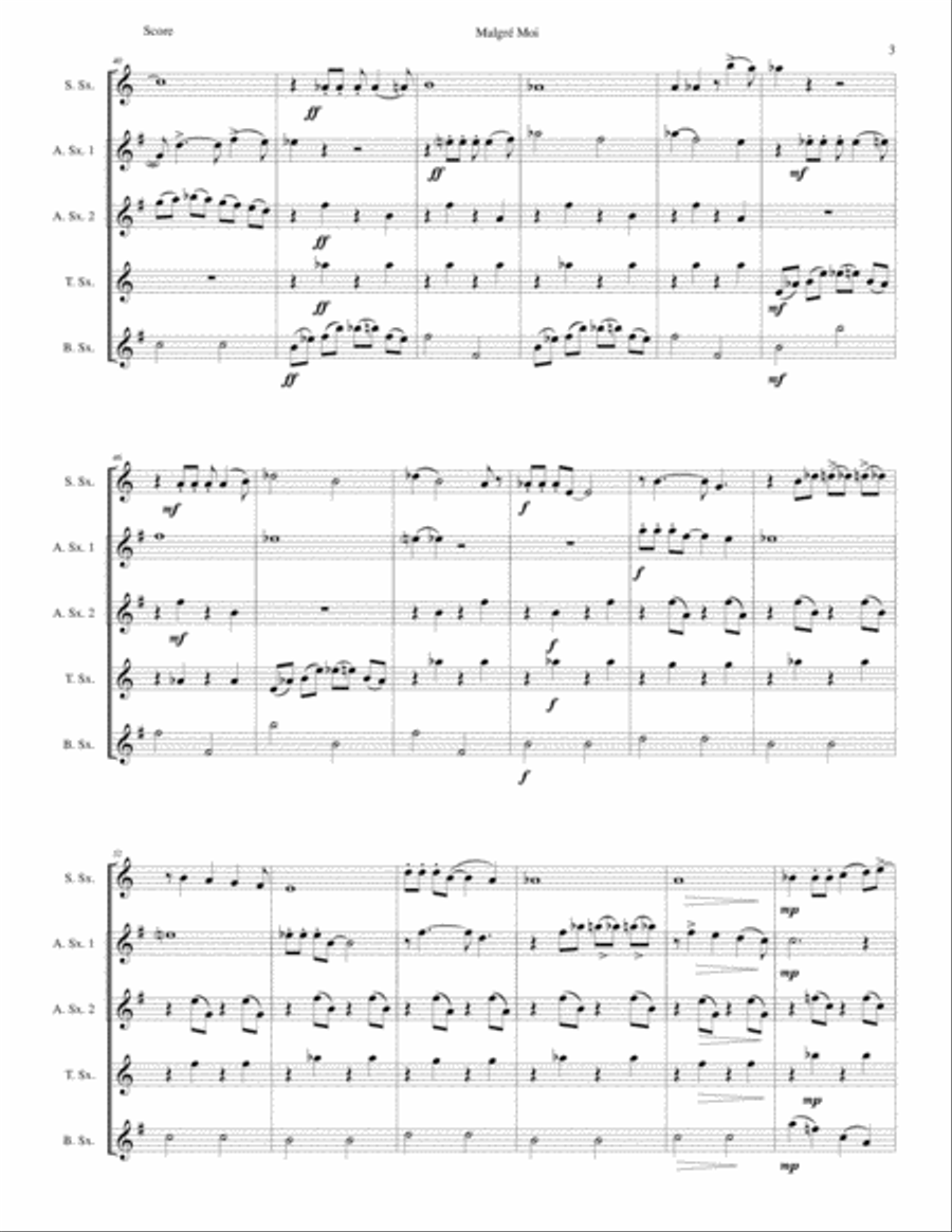 Malgré Moi (Against my will) for saxophone quintet Saxophone Quintet scores gallery preview page 3