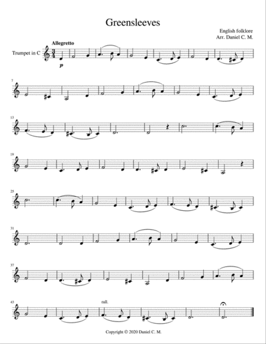 Greensleeves for C trumpet and piano Trumpet Duet scores gallery preview page 1