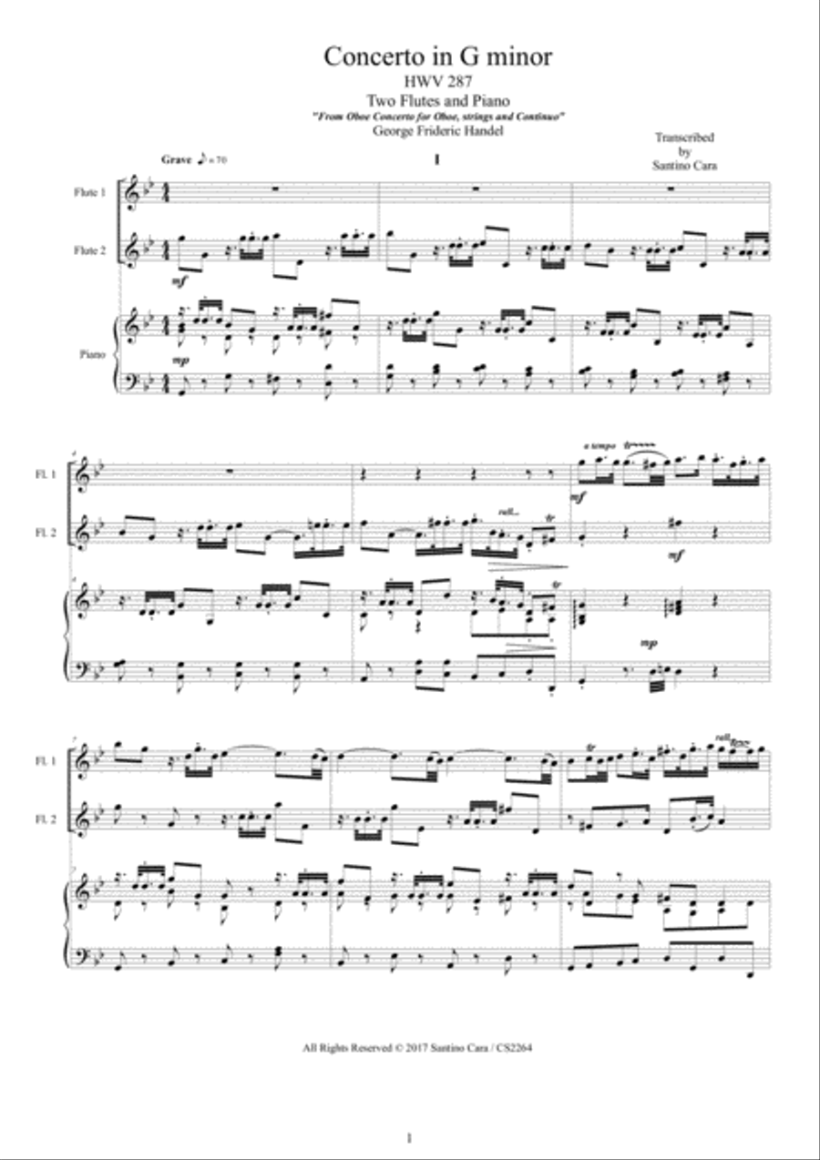 Handel - Concerto in G minor HWV 287 for Two Flutes and Piano - Score and Parts Flute Duet scores gallery preview page 1