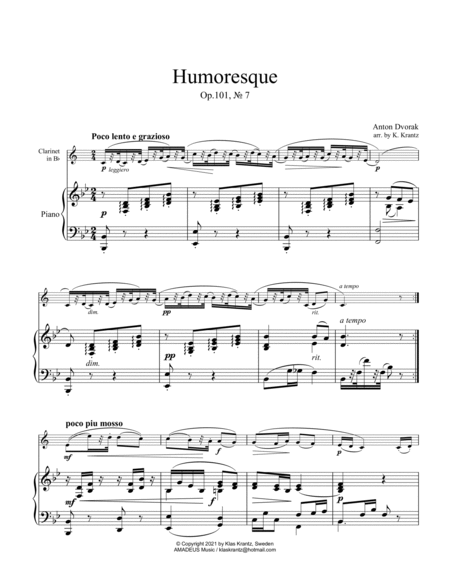 Humoresque, Op. 101, No. 7 for clarinet in Bb and piano image number null