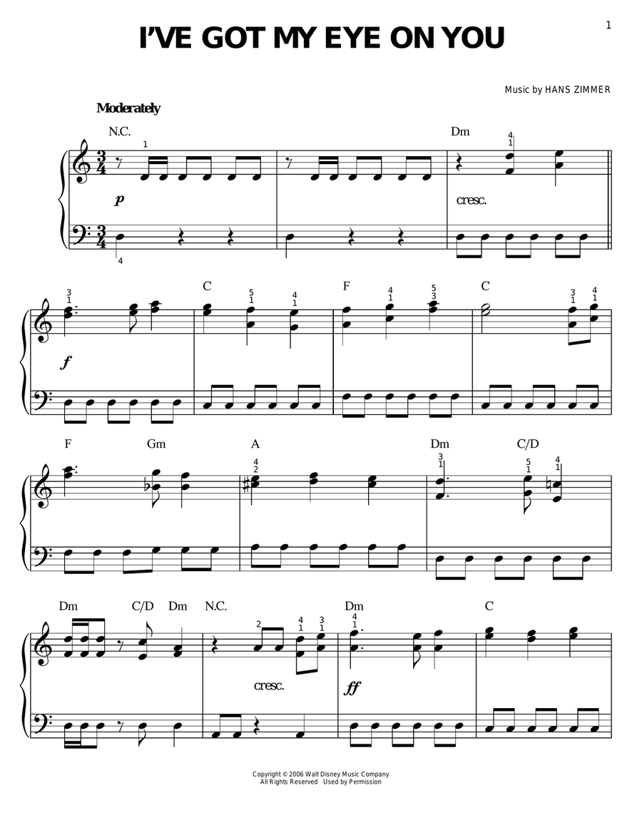 I've Got My Eye On You (from Pirates Of The Caribbean: Dead Man's Chest) Easy Piano scores gallery preview page 1