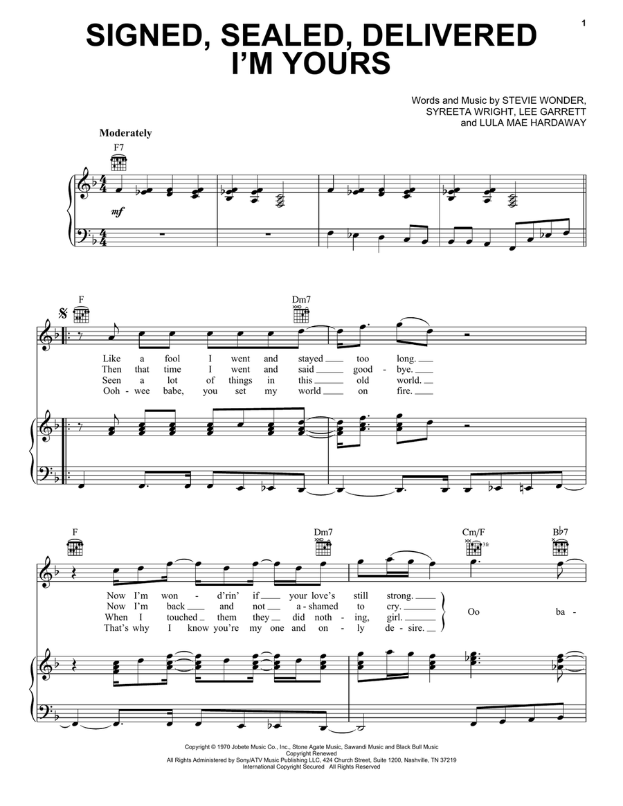 Signed, Sealed, Delivered I'm Yours Piano, Vocal, Guitar scores gallery preview page 1