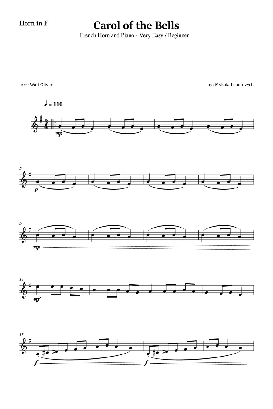 Carol of the Bells for French Horn and Piano (Very Easy - Beginner) in A minor - With Chords Piano scores gallery preview page 4