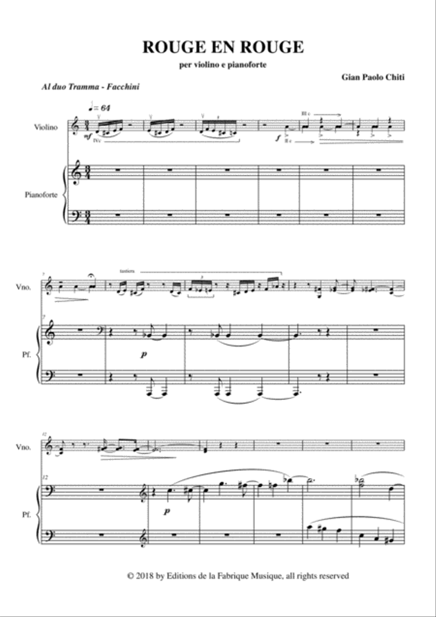 Gian Paolo Chiti: Rouge en Rouge for violin and piano Violin Solo scores gallery preview page 2