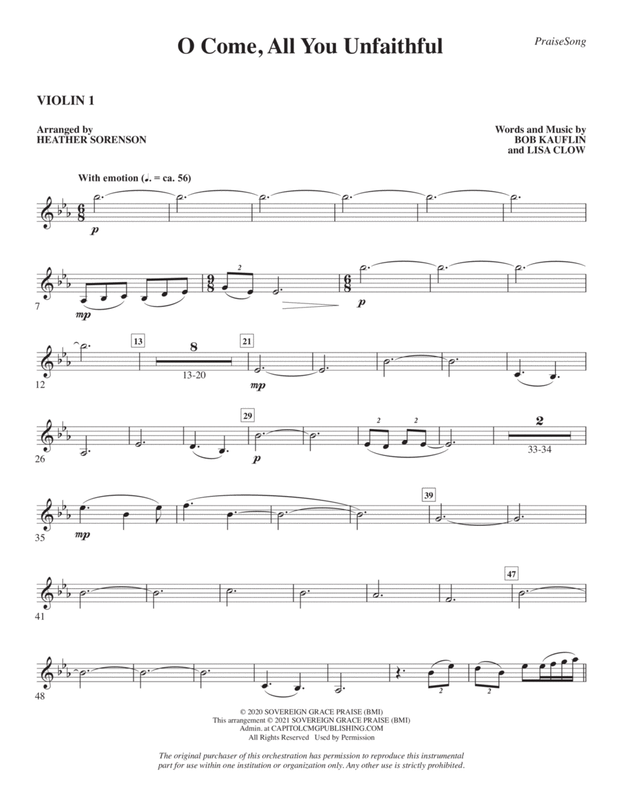 O Come, All You Unfaithful (arr. Heather Sorenson) - Violin 1 Choir scores gallery preview page 1