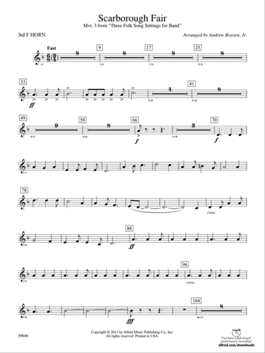 Scarborough Fair: 3rd F Horn Concert Band scores gallery preview page 1