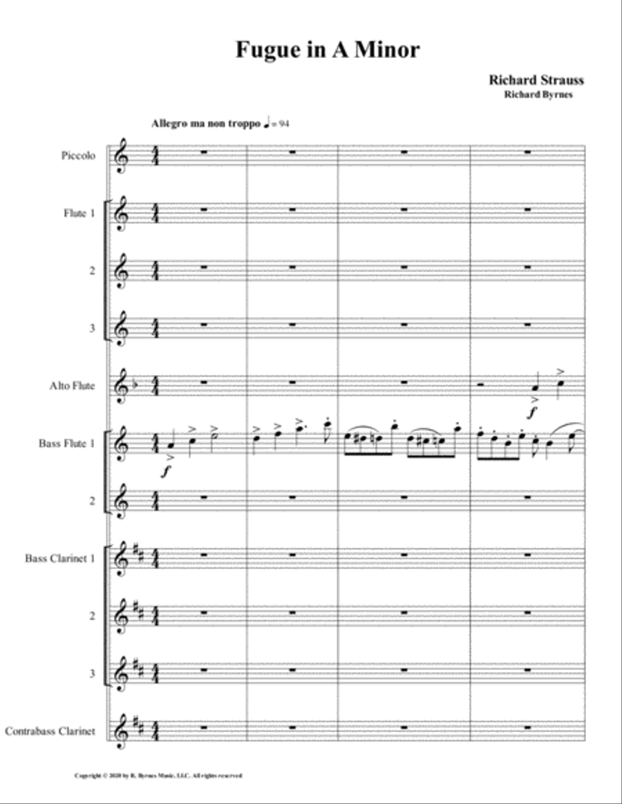 Fugue in A Minor by Richard Strauss for Strauss - Fugue - Flute Septet + 3 Bass Clarinets, Contrabas Woodwind Ensemble scores gallery preview page 1