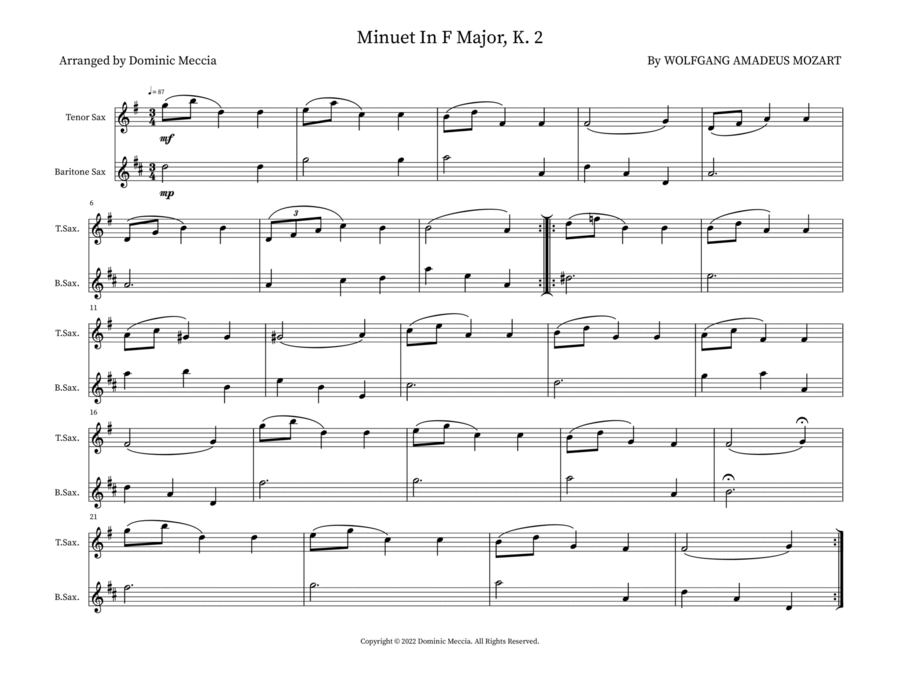 Minuet In F Major, K. 2 Woodwind Duet scores gallery preview page 1