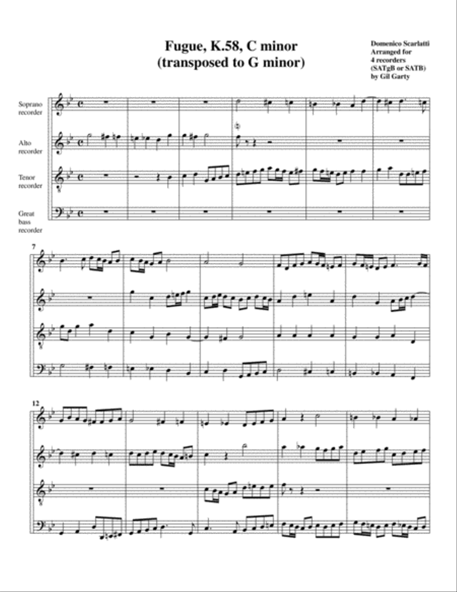 Sonata K.58 (fugue) (arrangement for 4 recorders) Recorder scores gallery preview page 1