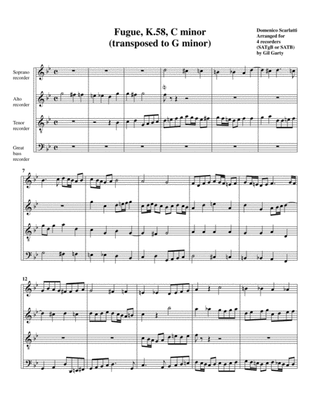 Book cover for Sonata K.58 (fugue) (arrangement for 4 recorders)
