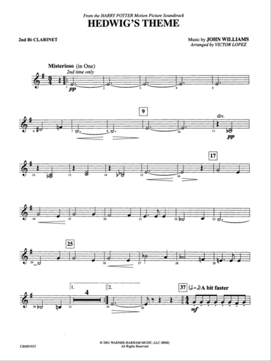 Hedwig's Theme (from Harry Potter): 2nd B-flat Clarinet Concert Band scores gallery preview page 1
