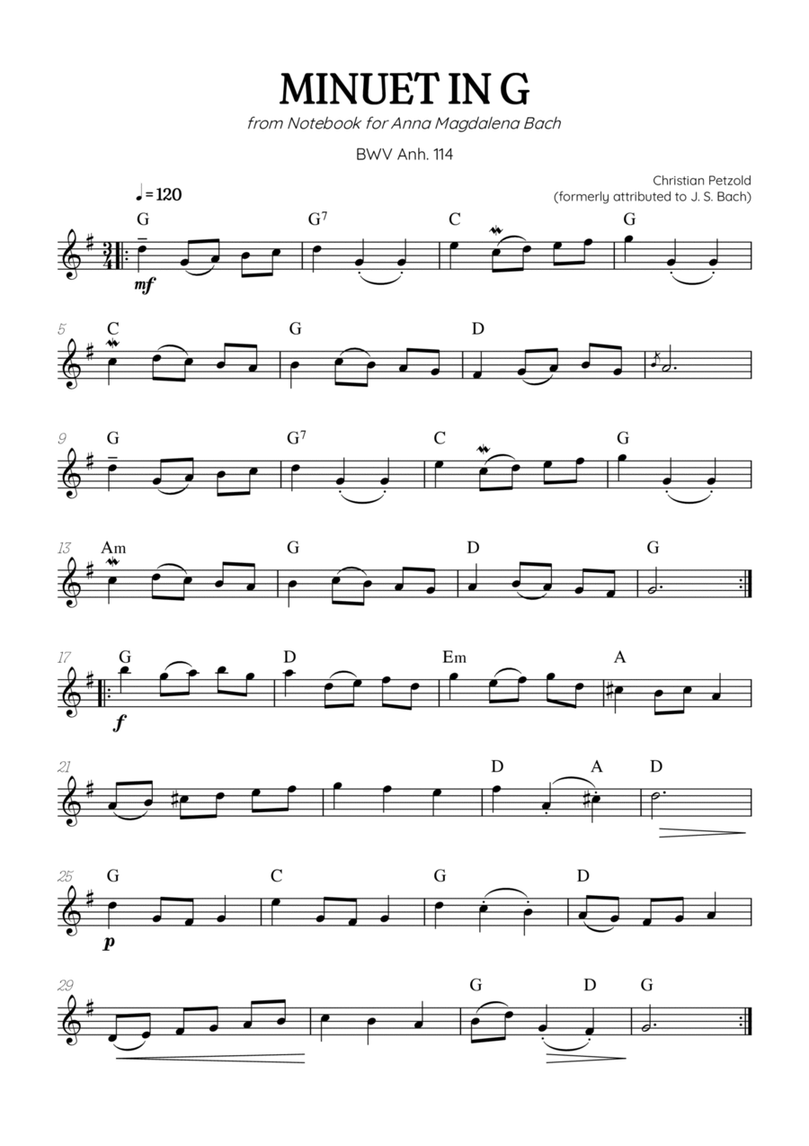 Petzold (Bach) Minuet in G BWV Anh 114 | oboe solo (with chords) Oboe Solo scores gallery preview page 1