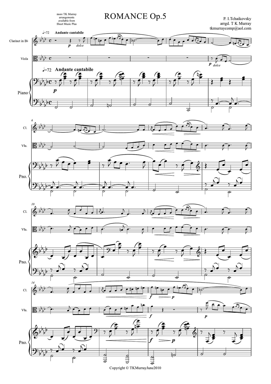 Tchaikovsky - Romance Op.5 - Clarinet Viola & Piano Small Ensemble scores gallery preview page 1