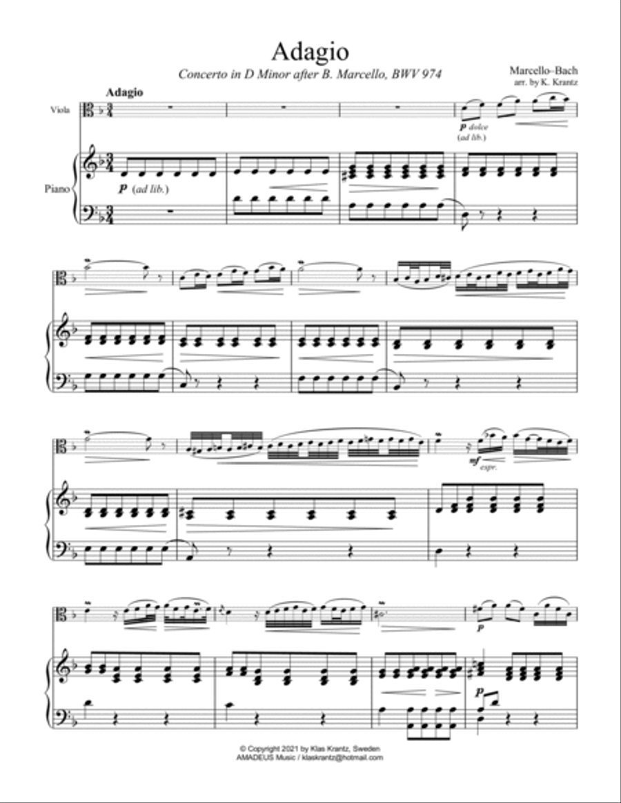 Adagio BWV 974 from Concerto in D Minor after Marcello for viola and piano Piano scores gallery preview page 2