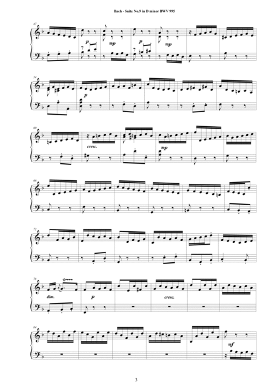 Bach - Piano Suite No.9 in D minor BWV 995 - Complete Piano version Piano Solo scores gallery preview page 3